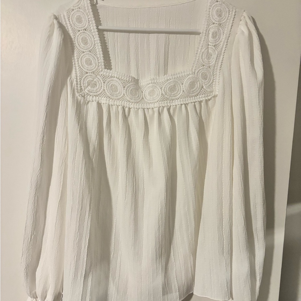 SHEIN White Textured Blouse with Crochet Trim